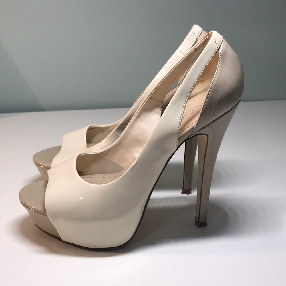 open toe high heels patent nude/tan color by Aldo